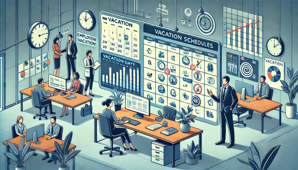 Ufficio in cui i professionisti HR gestiscono i calendari delle ferie dei dipendenti, evitando conflitti e promuovendo una pianificazione organizzata delle vacanze.