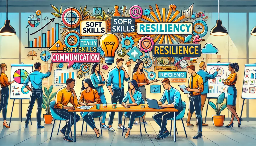 Un ambiente d'ufficio vivace e colorato dove i giovani dipendenti stanno sviluppando soft skills come comunicazione e resilienza, guidati da professionisti HR con l'ausilio di visualizzazioni motivazionali.