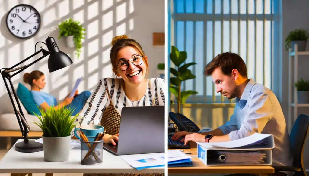 Un'immagine divisa in due sezioni: a sinistra una persona lavora felice da casa in un ambiente confortevole, a destra la stessa persona è stressata in ufficio in un contesto più rigido.