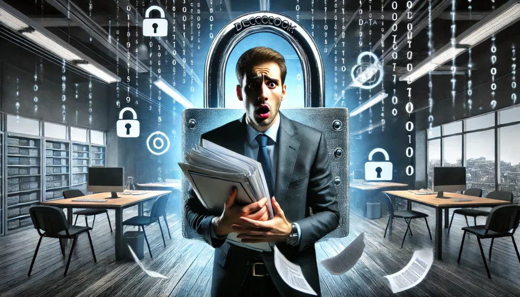 Professionisti HR che lavorano in ufficio, circondati da simboli di vulnerabilità informatiche e dati digitali, evidenziando le lacune di cybersecurity nelle risorse umane.