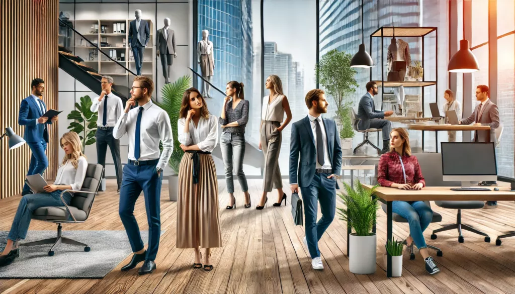 Dipendenti in un ufficio moderno che indossano abiti bilanciati tra comfort e professionalità, mostrando un mix di business casual e abbigliamento smart casual.