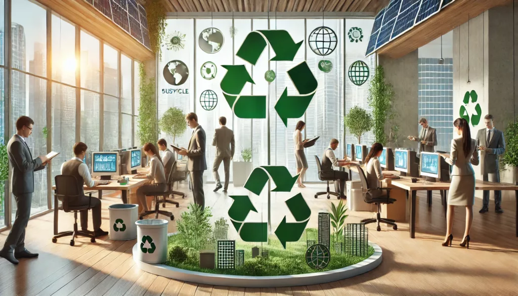 Dipendenti in un ufficio moderno che partecipano a pratiche sostenibili come il riciclo e l'uso di tecnologia eco-friendly, con piante e luce naturale.